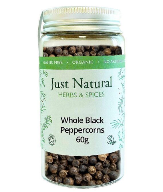 Just Natural Herbs Organic Black Peppercorns (Glass Jar) 50g